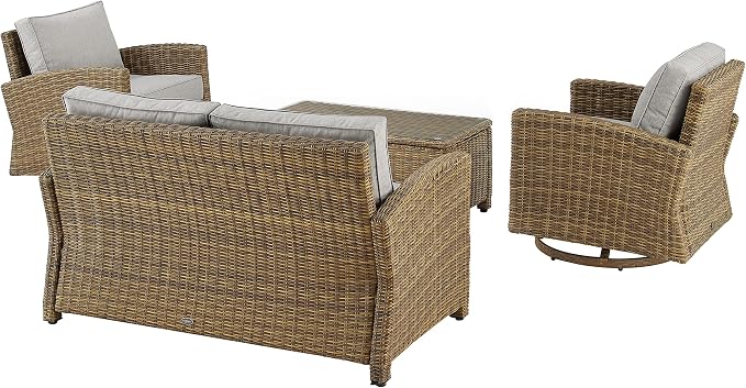 Crosley Furniture Bradenton 4-Piece Wicker Outdoor Loveseat and Swivel Rocker Patio Furniture Set for Porch, Brown with Gray Cushions