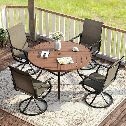VICLLAX 5 Pieces Patio Dining Set for 4, Outdoor Furniture Set Includes 40.6" Round Outdoor Table and 4 Patio Swivel Chairs for Lawn Garden, Walnut Tabletop and Mixed Brown Fabric