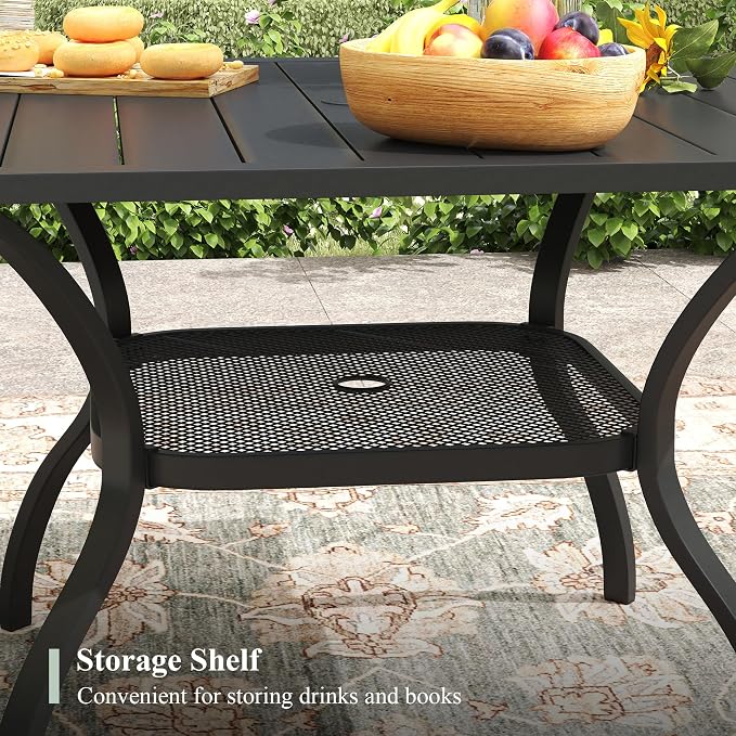 5 Pieces Outdoor Dining Set, Stackable Textilene Paito Chairs & 37.8" Square Dining Table with Umbrella Hole and Shelf, Patio Dining Set for Backyard, Deck, Garden, Grey & Black