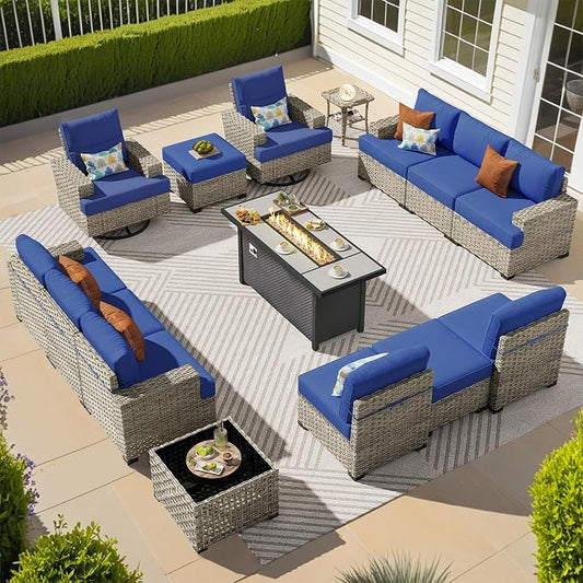 CAODOC 15-Piece Outdoor Sectional Sofa Set with 54" Fire Pit – L-Shaped Wicker Patio Furniture, Deep Seating & Swivel Rockers, Blue