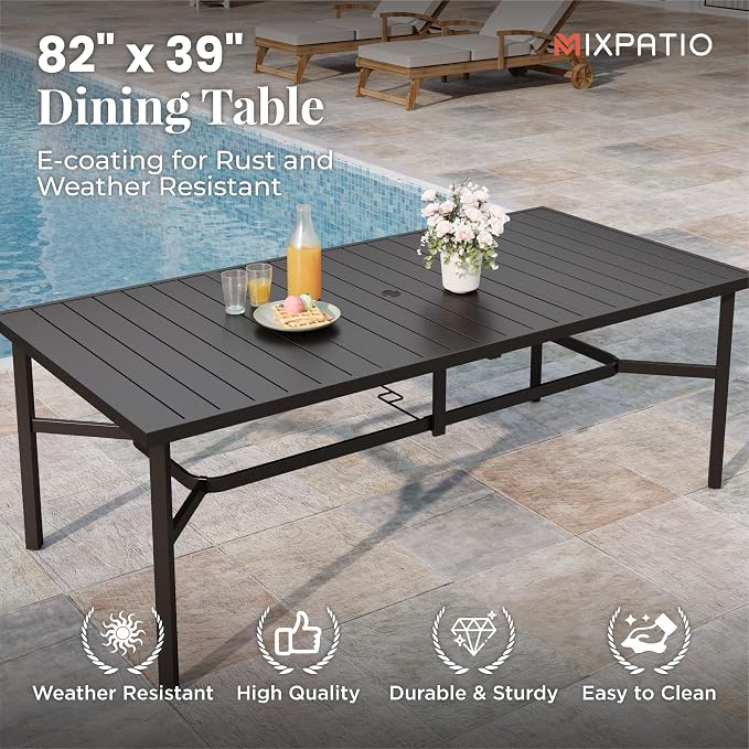 MIXPATIO 9 Pieces Patio Table and Chairs Set, Patio Dining Set for 8, Red Textilene Chairs and 83” Rectangular Patio Dining Table with Umbrella Hole, for Deck Backyard Lawn Poolside