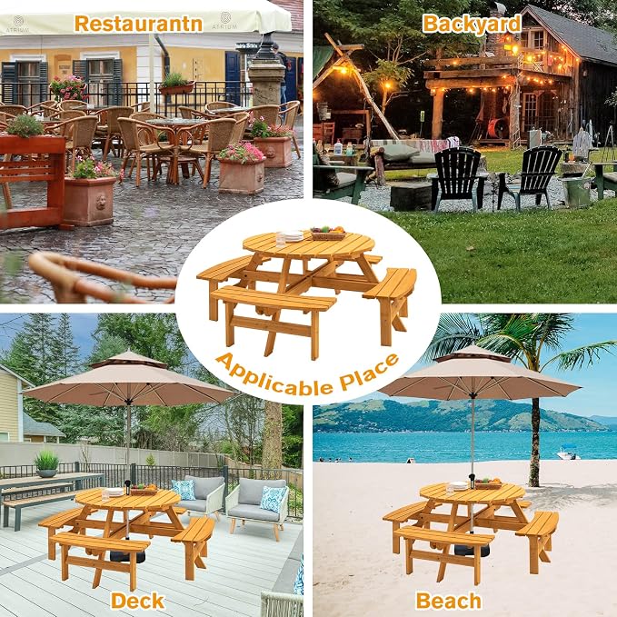 8 Person Wooden Picnic Table, Outdoor Camping Dining Table with Seat, Garden, DIY w/ 4 Built-in Benches, 2220lb Capacity - Natural
