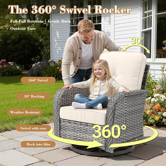 3 Pieces Patio Furniture Set, High Back Outdoor Swivel Rocker Chairs, Wicker Outdoor Furniture with Swivel Rocking Chairs and Side Table for Porch, Backyard, Balcony, Beige