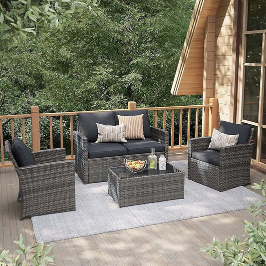 JOIVI 4 Piece Outdoor Patio Furniture Set, All-Weather Wicker Patio Conversation Set, PE Rattan Sofa Set with Loveseat Chair and Tempered Glass Coffee Table, Dark Gray