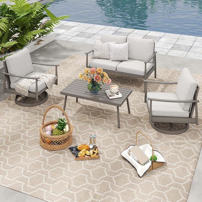 HAPPATIO Patio Outdoor Furniture Set - 4 Piece Aluminum Patio Conversation Set with 1 Coffee Table, 2 Swivel Chairs and 1 Loveseat, Aluminum Outdoor Furniture Set for Backyard Deck Poolside (Grey)