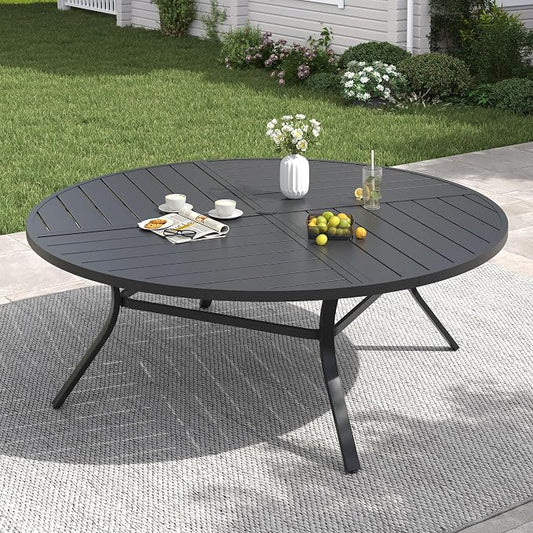 VICLLAX 63" Round Patio Table with Umbrella Hole, All Weather Metal Outdoor Dining Table for 8-10, Outside Table for Lawn Garden, Black