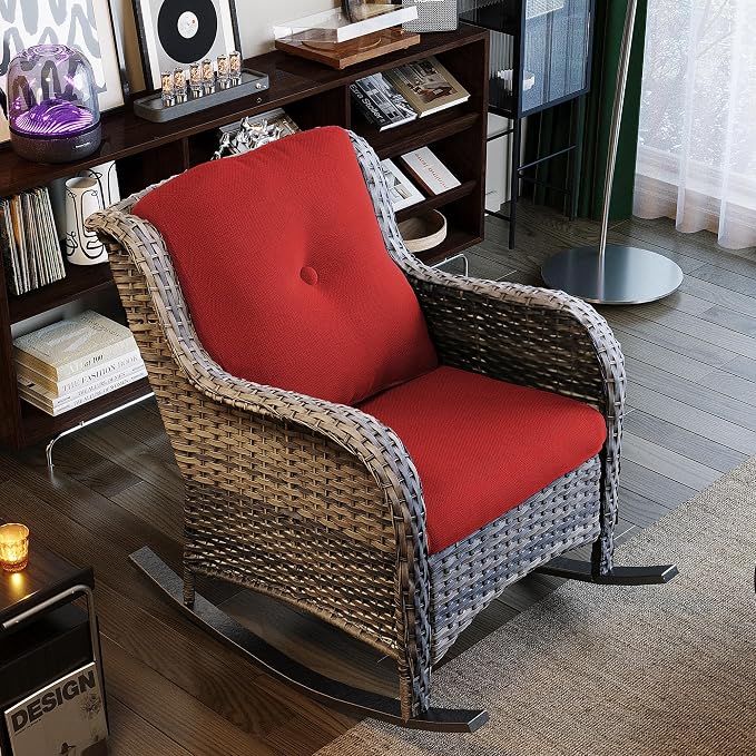 Outdoor Wicker Patio Rocking Chair - All-Weather Lawn Rocking Wicker Furniture with Alloy Steel Frame & Premium Fabric Cushion, Red
