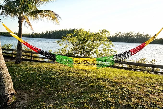 Naturejam Rasta Hammock-Portable Jamaican Camping Mesh Rope Hammock with Carrying Bag and Tree Straps