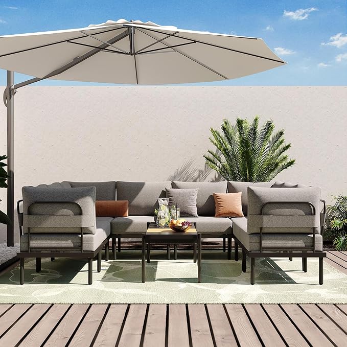Sundale Outdoor 9 Pieces Patio Furniture Set, U-Shaped Outdoor Sectional Sofa with 6 Inch Olefin Cushion and Coffee Table, Modern Metal Outdoor Conversation Sets for Backyard, Poolside, Sunroom