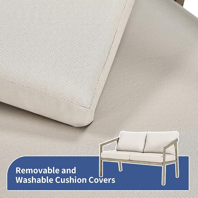4-Piece Patio Sofa Set, Never-Rust Aluminum Patio Furniture with Thick Removable Cushions, Outdoor Conversation Set with 2 Armchairs, Loveseat & Table for Garden Deck Pool Poolside (Taupe)