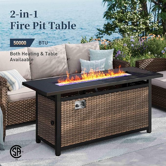 SUNSHINE VALLEY Swivel Glider Patio Furniture Set Outdoor Furniture Brown Wicker Rattan Patio Conversation Sets with Cushion Outside Sofa Set,7 Pieces with Rectangular Firepit Table,9 Seats,Beige
