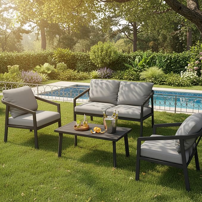 Outdoor Patio Loveseat Sofa, Aluminum 2-Seater Conversation Set with Washable Thick Cushions, Never-Rust Modern Garden Couch Bench for Porch, Poolside, Backyard (Black+Grey)