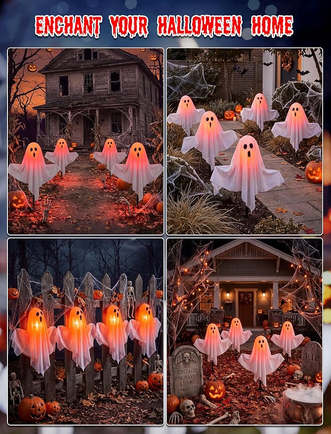 11.5FT Halloween Ghost Pathway Lights Outdoor, 4 Pack Hanging Porch lights | Adjustable Arms，Shatterproof, Waterproof, Plug in Halloween Decorations Outdoor for Lawn Driveway Garden Yard Decor