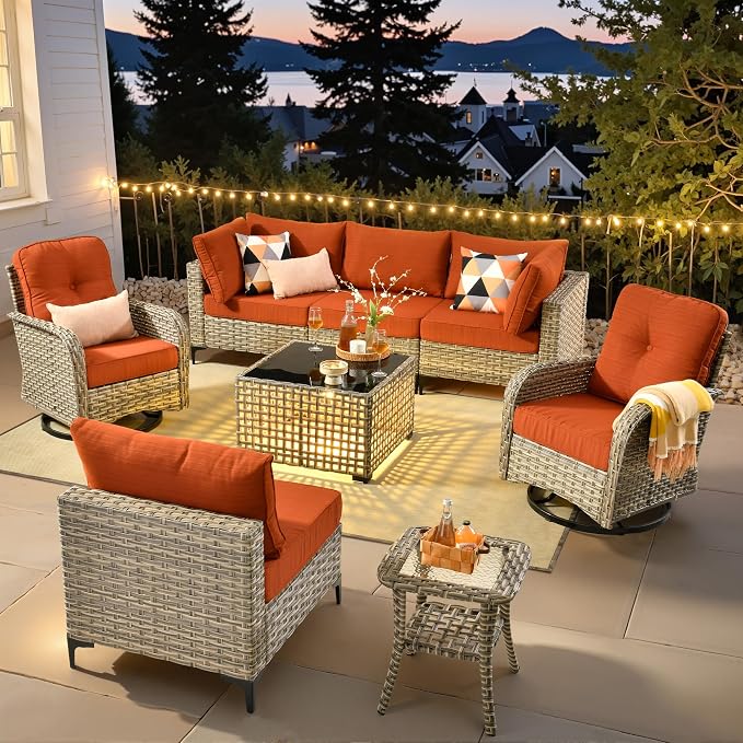 8 Pieces Wicker Patio Furniture Set,Outdoor Sectional Sofa with Swivel Chairs Coffee Table,Outside Deep Seat Rattan Couch Conversation Set,Orange Line