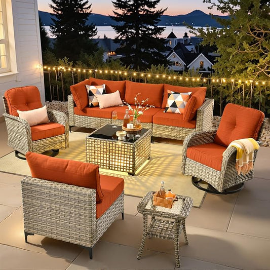 8 Pieces Wicker Patio Furniture Set,Outdoor Sectional Sofa with Swivel Chairs Coffee Table,Outside Deep Seat Rattan Couch Conversation Set,Orange Line