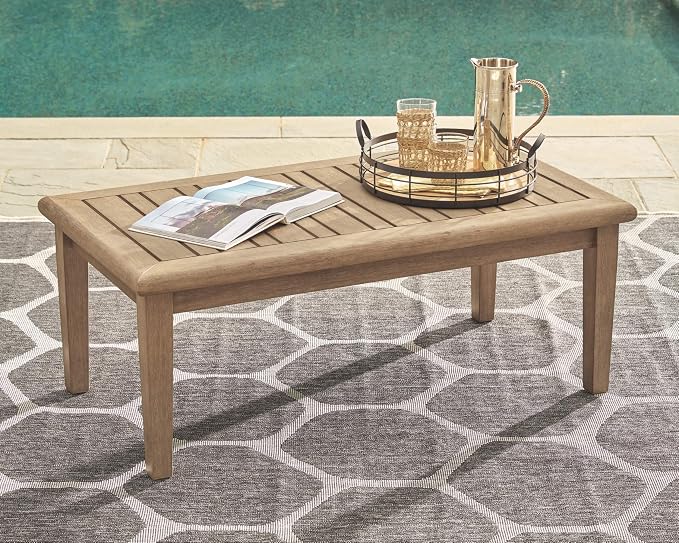 Signature Design by Ashley Gerianne Outdoor Eucalyptus Wood Rectangular Coffee Table, Beige - 50 x 26 x 19 inches, Weather Resistant