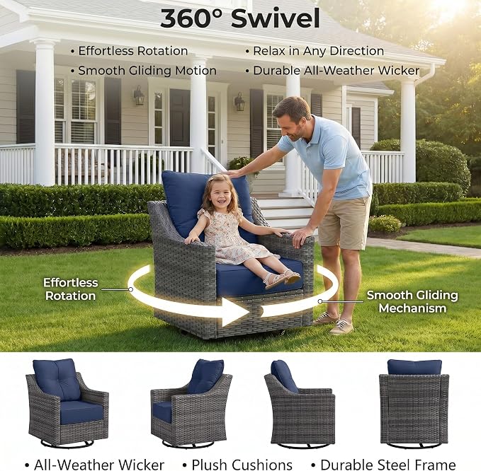 5 Pieces Patio Furniture Set, Weather-Resistant Wicker Swivel Rocker with Soft Cushions & Side Table,All Weather Outside Furniture with Ottoman for Porch, Garden, Backyard