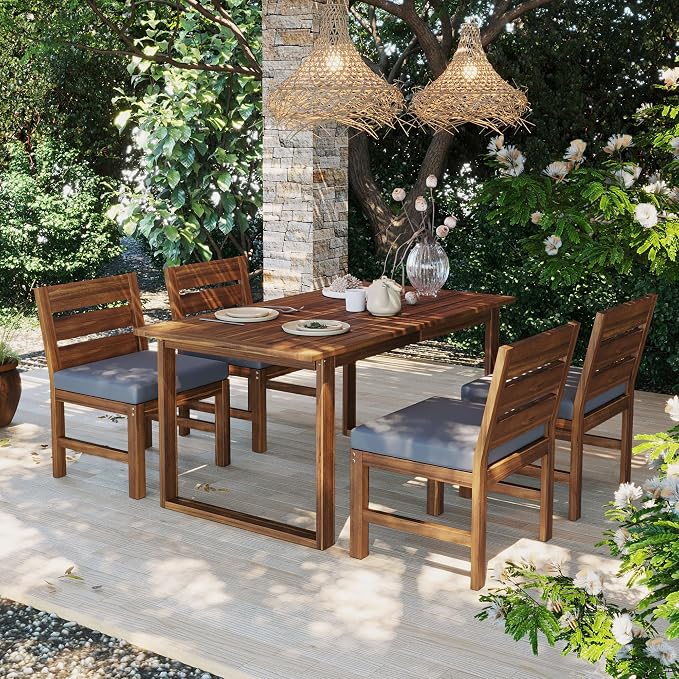 Merax 5-Piece Patio Dining Set for 4, Acacia Wood Farmhouse Outdoor Furniture Set with Removable Cushions and Adjustable Feet, Rustic Garden Dining Set for Backyard, Poolside, Brown + Gray
