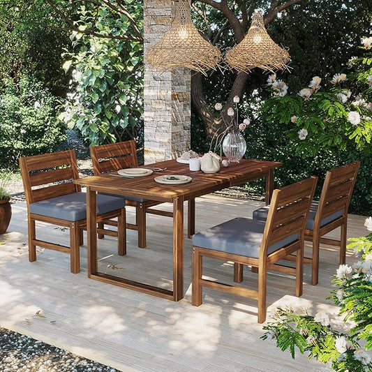 Acacia Wood Outdoor Dining Set for 4, All-Weather Patio Dining Set with Rectangle Dinning Table and 4 Chairs& Cushions for Garden Backyard Lawn (Brown+Gray c)