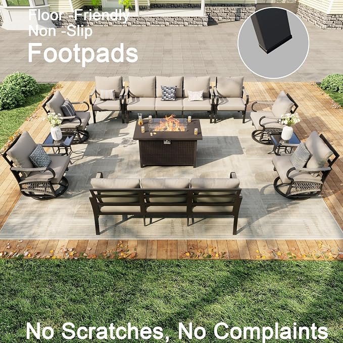 11 Pieces Patio Furniture Set, Metal Outdoor Conversation Sets with Fire Pit Table and Swivel Chairs for Backyard Garden Deck Porch Poolside (Thick Beige Cushions)
