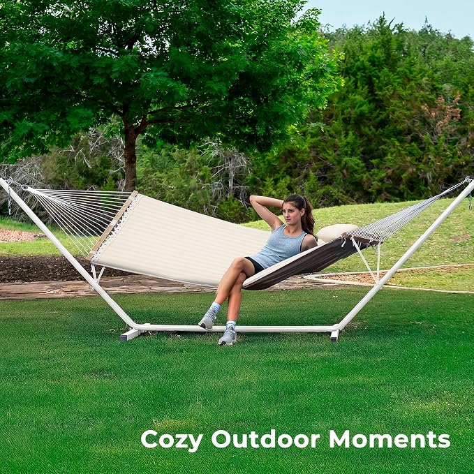 SUPERJARE Hammock with Stand, 2 Person Quilted Outdoor Hammock, Detachable Pillow & Bamboo Spreaders, Portable Hammock with Carrying Bag, Heavy Duty Stand, Perfect for Outside, Patio, Cream Beige