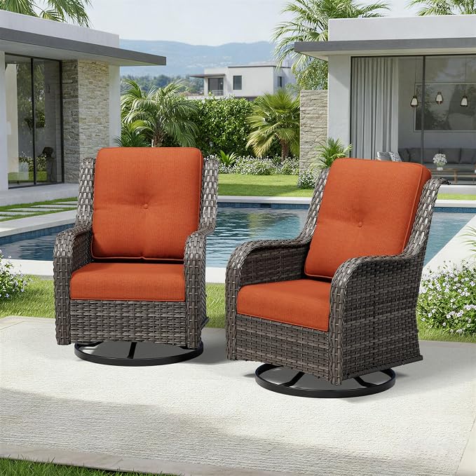 Joyside Swivel Patio Chairs Set of 2, Wicker Patio Furniture with High Back, Deep Seating, Wide Armrest, Thickened Cushions, Outdoor Rattan Furniture for Deck, Porch Use