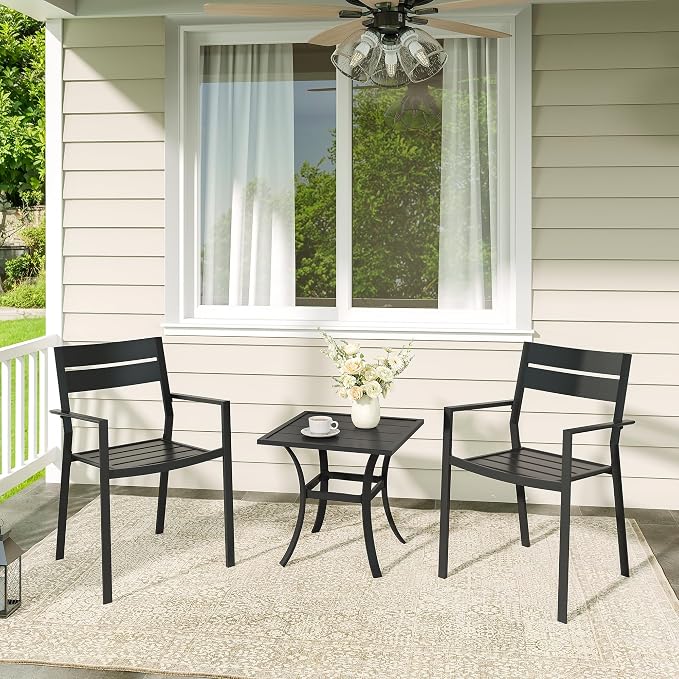 VICLLAX Patio 3 Pieces Outdoor Bistro Side Table Dining Set, Small Patio End Table Square Coffee Table and 2 Stackable Metal Chairs for Lawn,Garden,Porch,Black/Brown