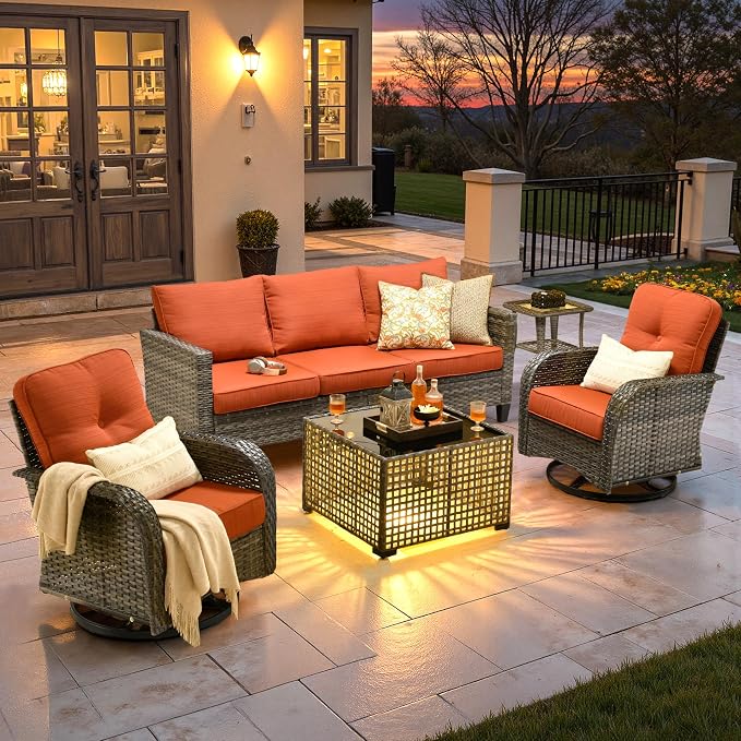 ovios 5 Pieces Patio Furniture Set, Outdoor Wicker Sofa Couch with Swivel Glider Chairs Solar Lights Table, Modern Deep Seat Rattan Conversation Sets for Deck Porch, Orange Red