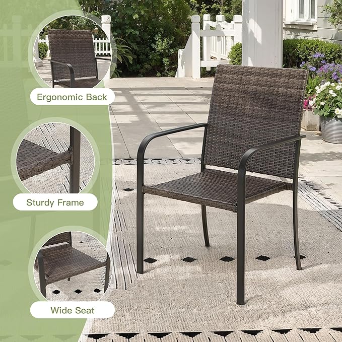 Outdoor Dining Set for 6, 59.2" Metal Rectangular Outdoor Dining Table with Umbrella Hole and Wicker Stackable Patio Chairs, 7 Pieces Patio Table and Chairs Set for Garden Backyard, Black