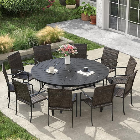 VICLLAX 11 Pieces Outdoor Dining Set, 10 Stakable Wicker Patio Chairs and 63" Patio Round Metal Table with Umbrella Hole for Backyard Lawn Garden, Black Tabletop