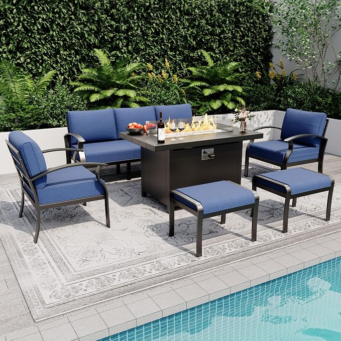 Kurapika Aluminum Patio Furniture Set 5-Seat Modern Metal Outdoor Conversation Sets w/45in Propane Fire Pit Table, w/5.1 Inch Cushion Patio Sectional Sofa with 2 Ottomans, Navy Blue