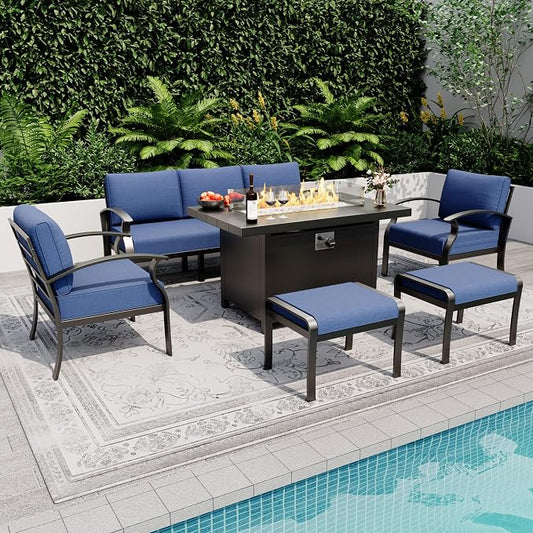 Kurapika Aluminum Patio Furniture Set 5-Seat Modern Metal Outdoor Conversation Sets w/45in Propane Fire Pit Table, w/5.1 Inch Cushion Patio Sectional Sofa with 2 Ottomans, Navy Blue