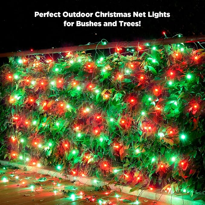 Led Net Lights Christmas Lights Outdoor 200Led 9ftx6ft Upgraded Red and Green Christmas Net Lighting, Waterproof 5mm LED Wide Angle Outdoor Indoor Mesh Net Light for Trees, Bushes, Shrubs Decorations