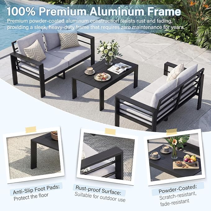 Aluminum Patio Furniture Set, 3 PCS Metal Oversized Outdoor Furniture Set Washable Thick Cushions, 4 Seat Patio Conversation Set with 3.54” Wide armrest and Coffee Table for Patio, Garden