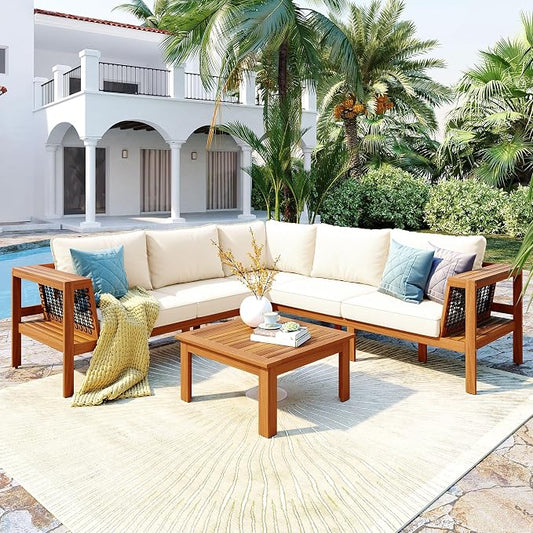 Merax Outdoor Patio Furniture Set 5 Seats, L-Shaped Outdoor Sectional Corner Sofa Set, Acacia Wood Conversation Sets with Washable Cushions & Coffee Table, Patio Furniture for Backyard, Porch, Beige