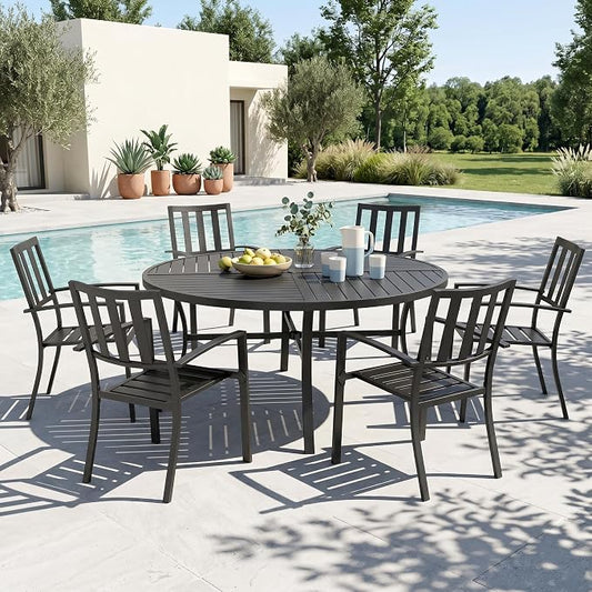 MFSTUDIO Round Patio Table and Chairs Set, Outdoor Dining Set for 6 with Umbrella Hole, 7 Piece Metal Patio Furniture Set for Deck Backyard Poolside Garden