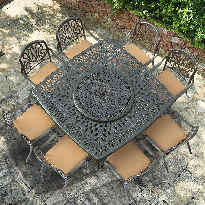 VIVIJASON Outdoor 64" Patio Dining Table for 8 Person, Large Patio Square Dining Table with 35.4" Lazy Susan, Dark Bronze Cast Aluminum Rustic Patio Table W/Umbrella Hole for Balcony, Porch and Deck