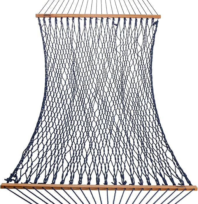 Hatteras Hammocks Large Navy DuraCord Rope Hammock – 13 ft. x 55 in., 2-Person, 450 lb Capacity, Cumaru Spreader Bar, Zinc-Plated Hardware – Handcrafted in The USA