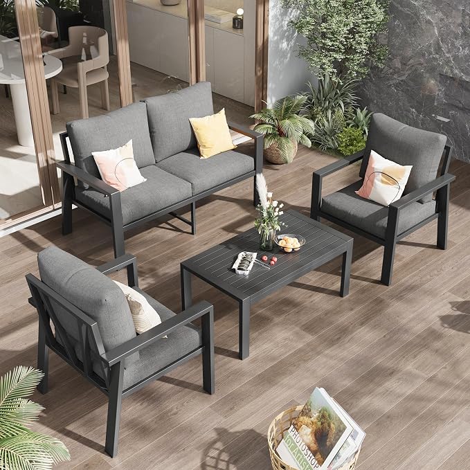 Aluminum Outdoor Patio Furniture Sets All-Weather Patio Conversation Set Sectional Sofa with Coffee Table & Cushions w/Removable Covers for for Deck Backyard Garden Poolside Balcony Porch