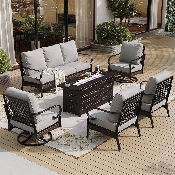 SUNSHINE VALLEY 6 Piece Metal Outdoor Patio Furniture Set with Firepit Table, Patio Conversation Sets 1 3-Seater Chair, 2 Leg Sofa & 2 Swivel Chair with 5.75" Cushion for Backyard Deck, Light Gray