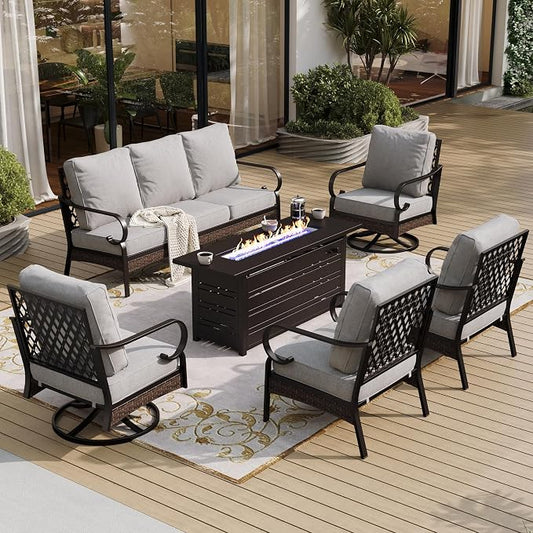 SUNSHINE VALLEY 6 Piece Metal Outdoor Patio Furniture Set with Firepit Table, Patio Conversation Sets 1 3-Seater Chair, 2 Leg Sofa & 2 Swivel Chair with 5.75" Cushion for Backyard Deck, Light Gray