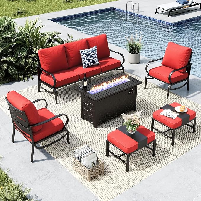 MFSTUDIO 6 Pieces Patio Furniture Sets with 45" Gas Fire Pit Table(Up to 7 Seat), Outdoor Metal Frame Patio Conversation Sofas with 1 x 3-Seat Sofa, 2 Sofa Chairs and 2 Ottoman, Burgundy Cushion