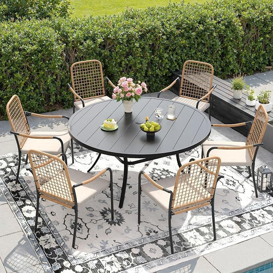 DIFY 7 Pieces Outdoor Dining Set for 6, 50" Round Dining Table with Umbrella Hole & Wicker Stackable Patio Chairs with Cushions, Metal Patio Table and Chairs Set for Backyard Porch Garden, Black