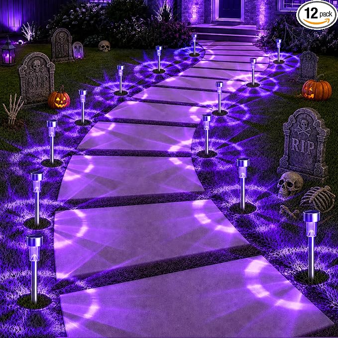 GIGALUMI Solar Halloween Lights Outdoor Waterproof 12-Pack Halloween Decor | Auto dusk-to-dawn on/off, ideal for yard lawn pathway patio walkway, creepy holiday night ambiance