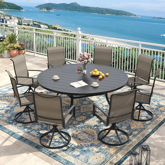 Outdoor Dining Set for 8, 63" Outdoor Dining Table with Umbrella Hole and Padded Textilene Patio Swivel Chairs, 9 Pieces Patio Table and Chairs Set for Garden Backyard, Mixed Brown and Black