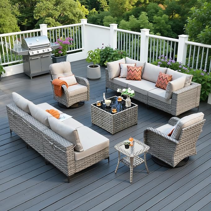 10 Pieces Patio Sectional Furniture Set, Outdoor Wicker Sectional Couch with High Back Swivel Rocker Chairs Solar Lights Table, Modern Conversation Set for Porch Balcony Backyard, Beige