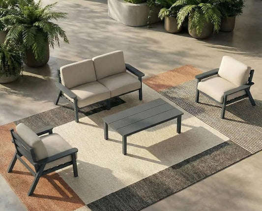 HDPE 5 Piece Patio Furniture Set, Outdoor Sectional Furniture with Beige Washable Thick Cushions & Coffee Table, Patio Conversation Sets for Garden, Porch, Balcony, Deck (Grey Frame)
