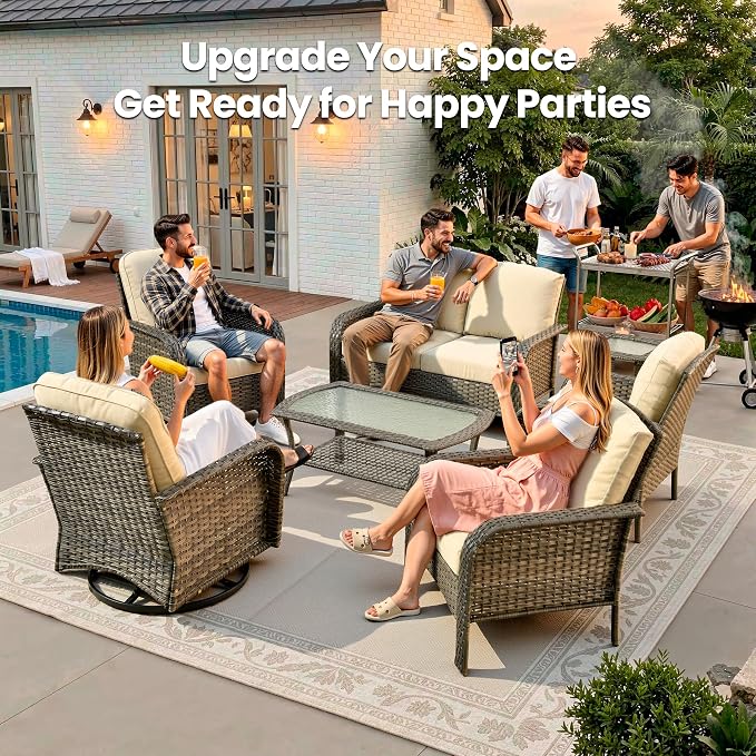 Weaxty Wicker Patio Furniture Set with Swivel Rocker Chairs Outdoor Loveseat Sofa and Rattan Coffee Table, 5 Pieces Outdoor Conversation Sets for Patio Porch Deck Backyard Poolside, Black