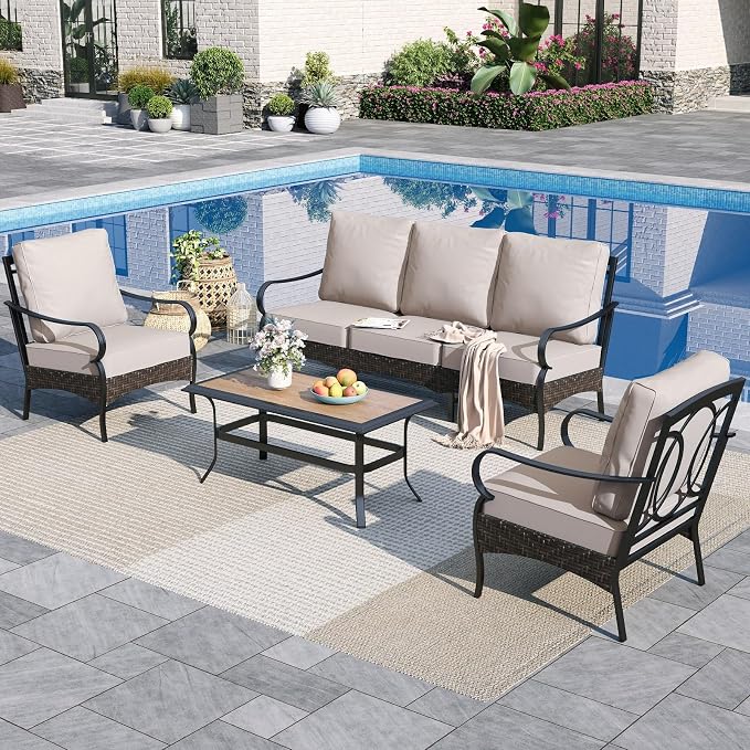 Sophia & William Patio Furniture Set, 4 Piece Metal Outdoor Conversation Set with 3-Seater Outdoor Couch, 2 Sofa Chairs, 1 Coffee Table for Outdoor Seating, Backyard, Porch(Beige)