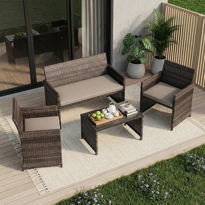 IDEALHOUSE 4 Piece Outdoor Wicker Patio Furniture Set, with Coffee Table & Seat Cushions for Backyard, Porch Seating